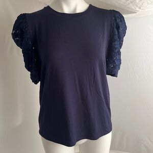 Ariella navy crew neck top with lace sleeves L